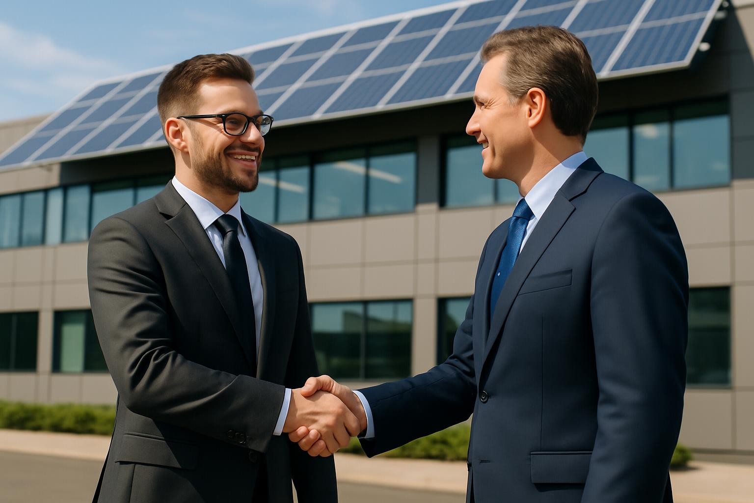 Empresário apertando mãos em frente a prédio com painéis solares - Benefícios da Energia Solar para Empresas